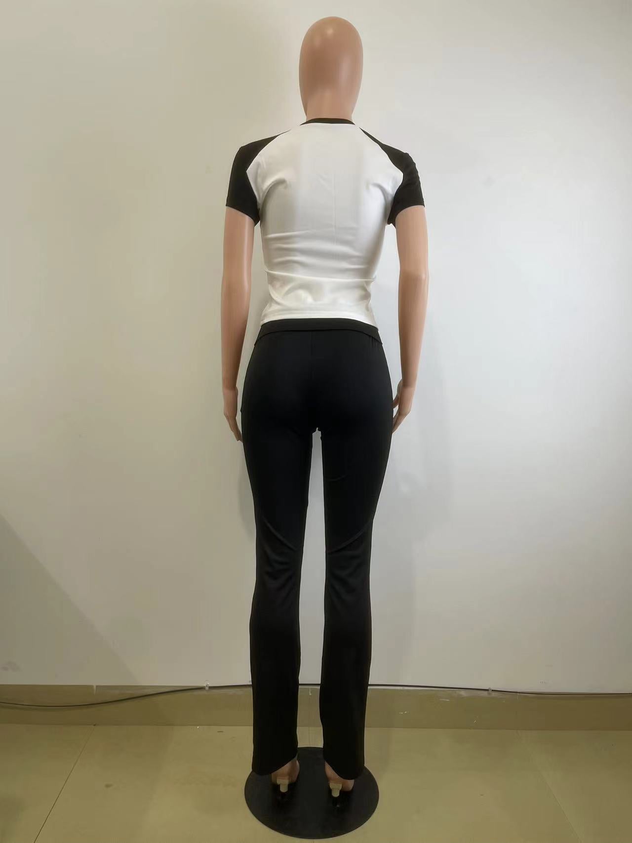 Women's Spring Summer Color Matching Sports Dance Fitness Yoga Short-Sleeved Two-Piece Pants Set 11