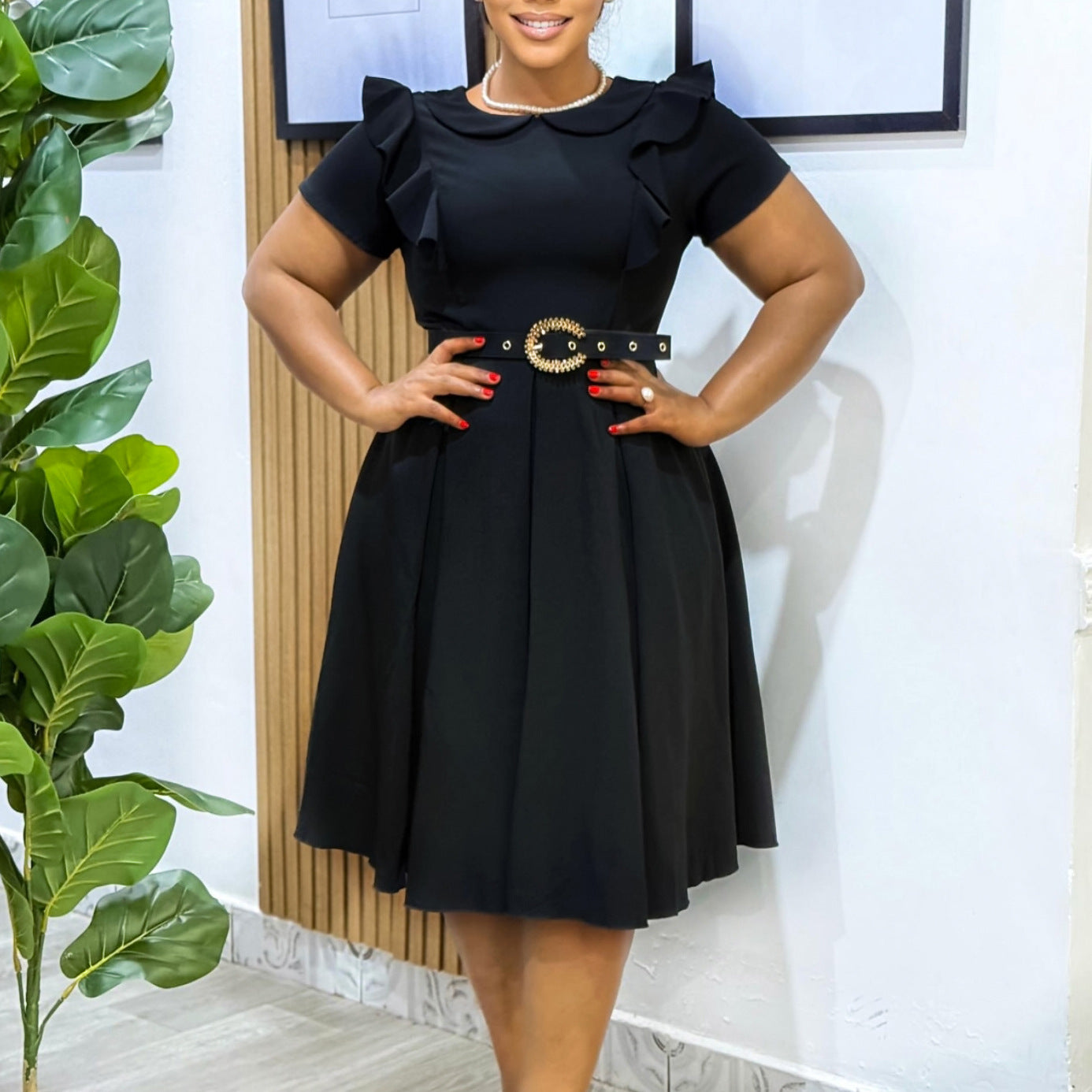 Women's Short Sleeve Peter Pan Collar Solid Color Ruffle High-Waist Swing Dress 5