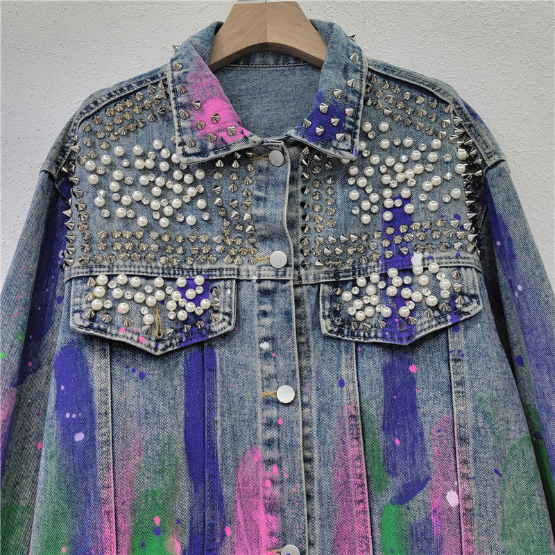 Women Spring Loose Diamond Trendy Hand-Painted Denim Jacket