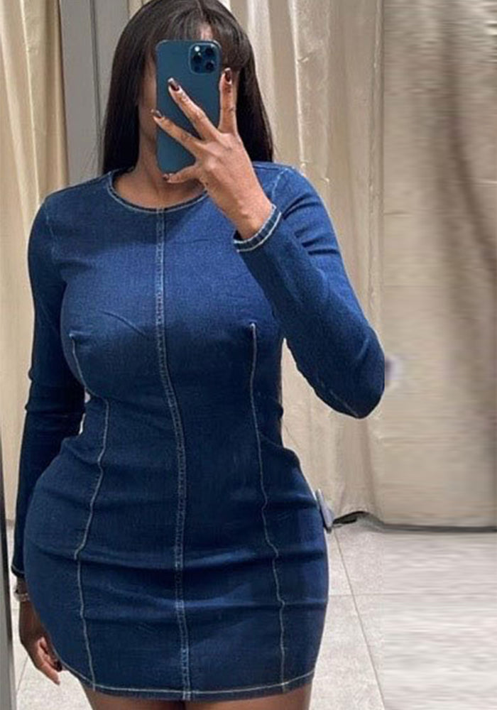 Women Solid Round Neck Long Sleeve Bodycon Denim Dress