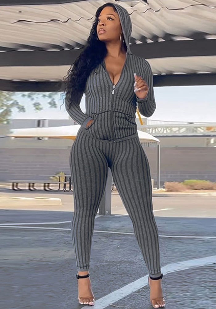 Women Sexy Stretch Ribbed Hooded Top and Pant Two-piece Set