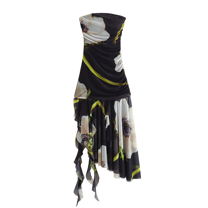 Autumn Fashion Chic Strapless Printed Tulle Midi Dress for Women 3