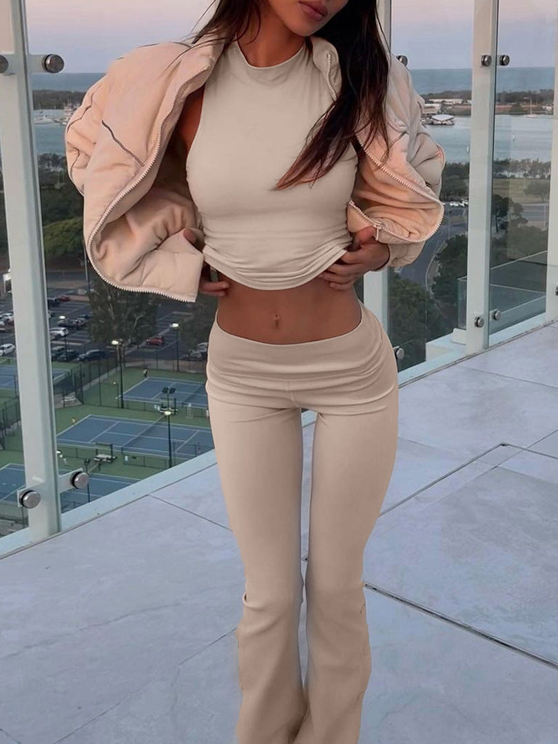 Women's Winter Highneck Sleeveless Vest Bell Bottom Pants Fashion Casual Two-Piece Set For Women