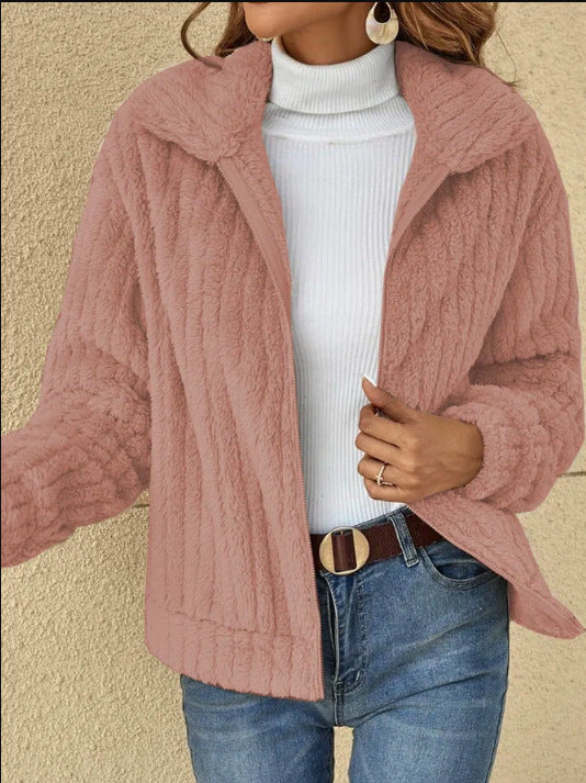 Women's Autumn and Winter Ribbed Plush Cardigan Turndown Collar Jacket 4