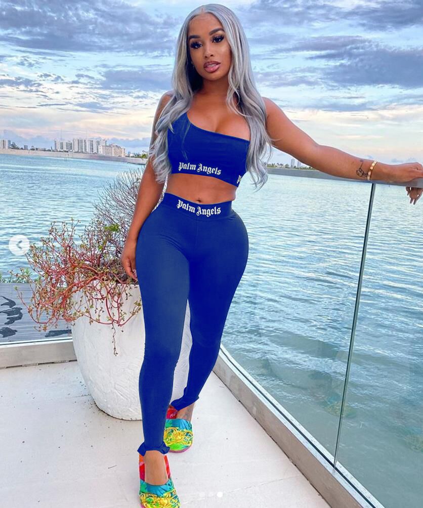 Women's Solid Color Fashion Letter Print Casual Tight Sports Two Piece Pants Set 13