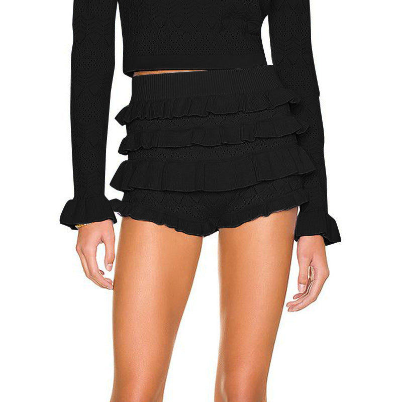 Women Summer Sexy Solid Multi-layered Ruffle Lace Shorts 3