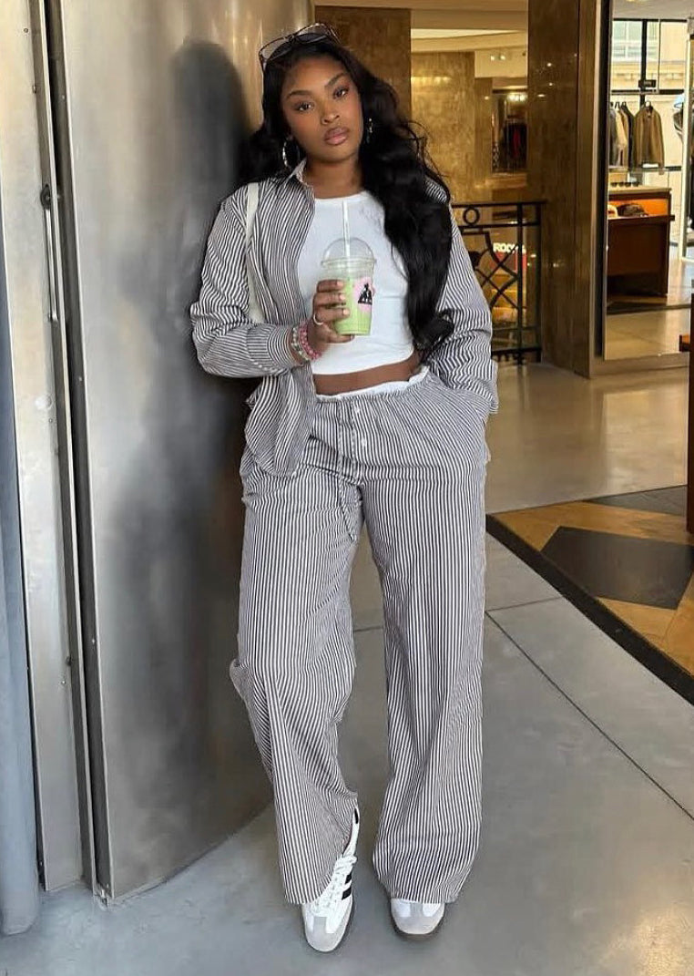 African Women long-sleeved striped shirt and contrasting wide-leg pants casual two-piece set