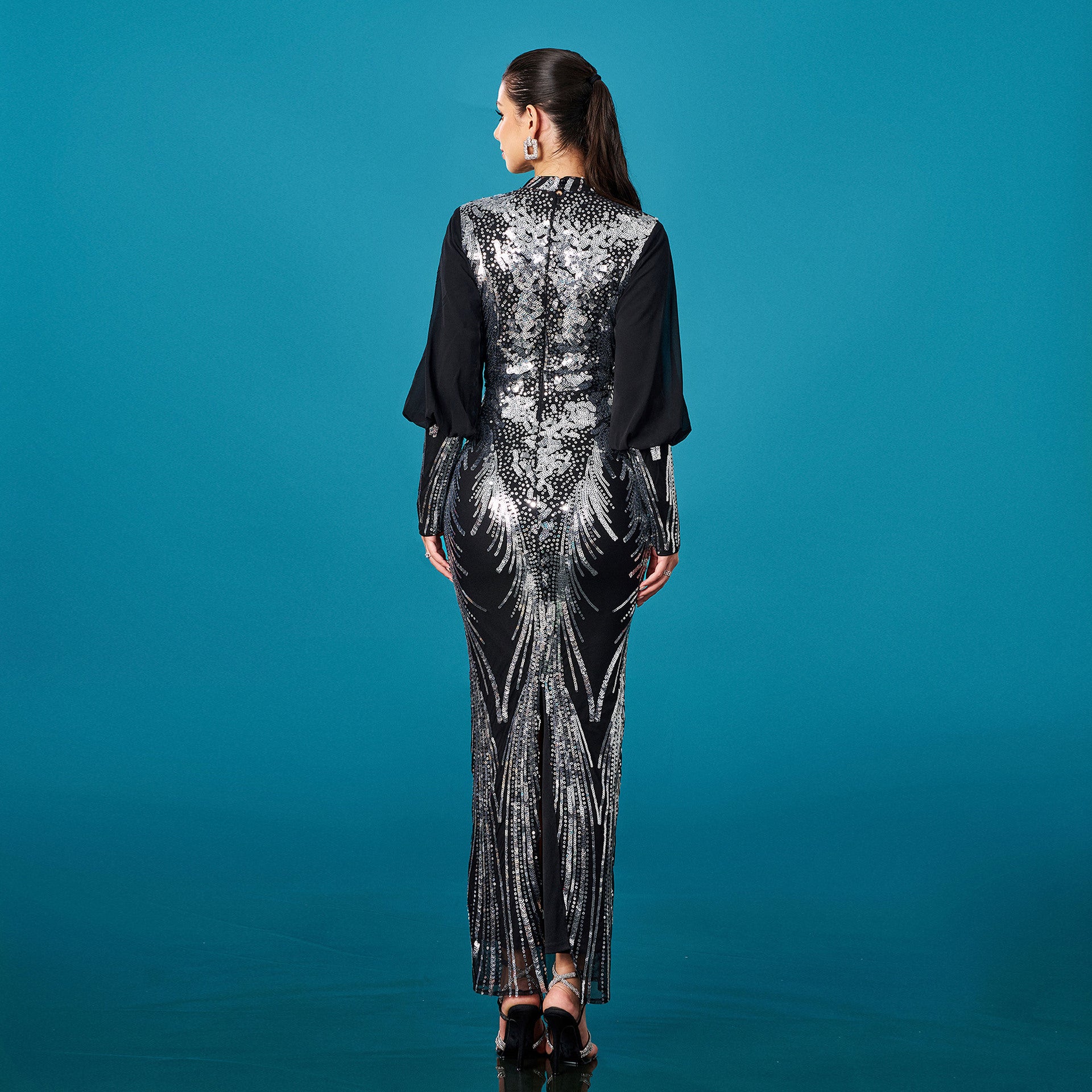 Women Long Sleeve Round Neck Bodycon Sequin Formal Party Evening Dress 4