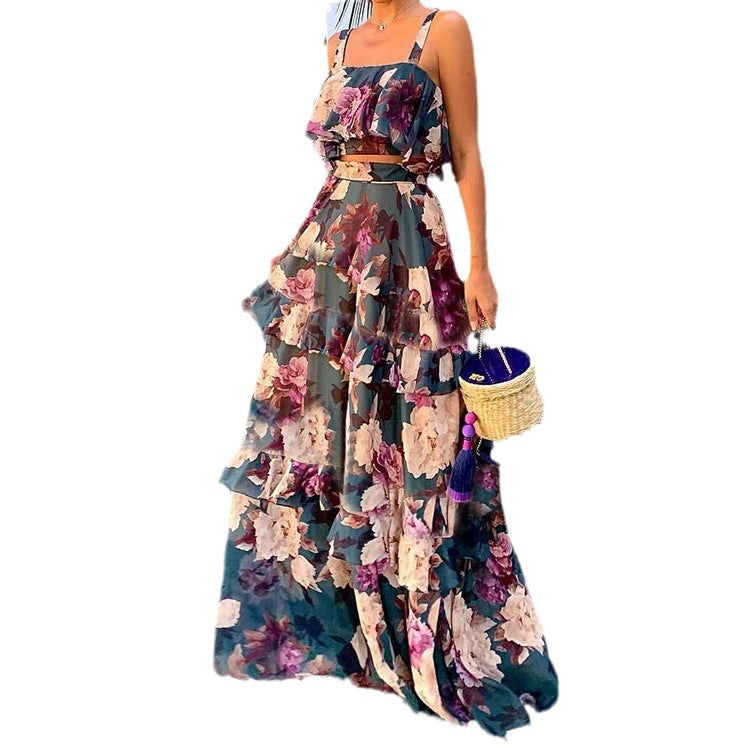 Women Beach Edge Holidays Printed Suspender Top Cascading Ruffles Skirt Two-Piece Set 10