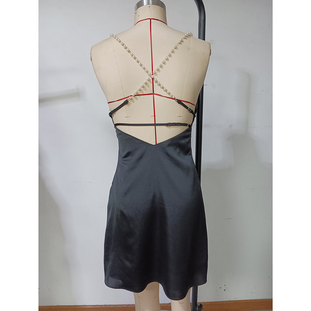 Women summer suspenders with pearl drop collar sexy dress 9