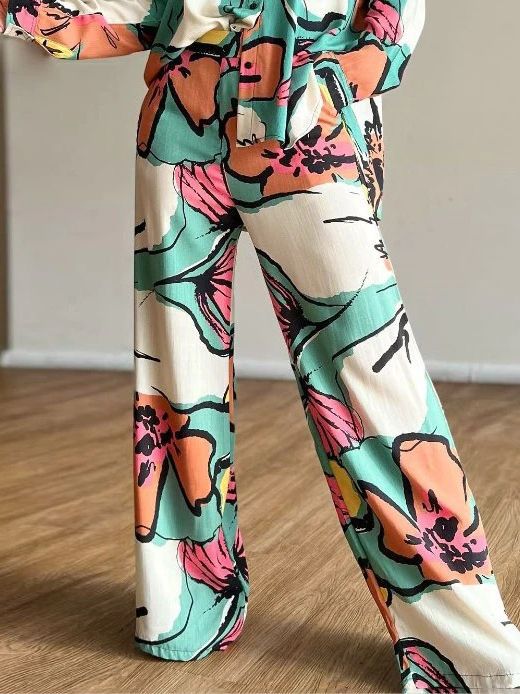 Chic Women's Plus Size Print Career Shirt High Waist Wide Leg Pants Two Piece Set 4