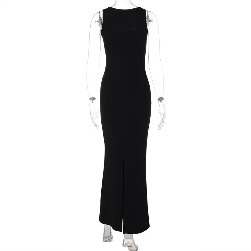 Women Summer Solid Square Neck Sleeveless Maxi Slit Dress 8