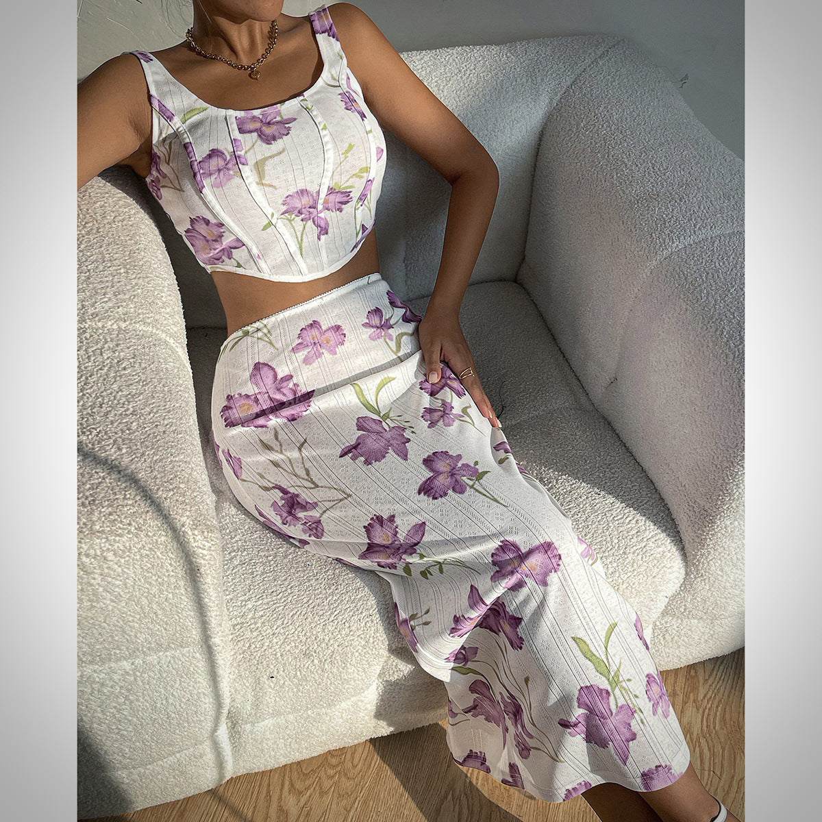 Women's Sexy Printed Camisole Slim Bodycon Skirt Two Piece Set 11