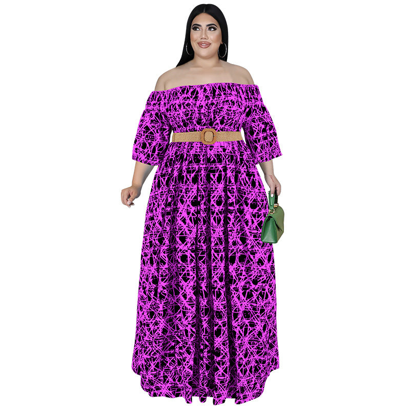 Plus Size Women Fall Off Shoulder Long Sleeve Dress with Belt 5