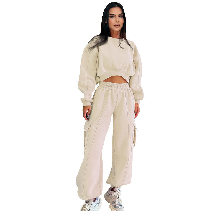 Women's Autumn Round Neck High Waist Hoodies Pocket Loose Sweatpants Suit 6