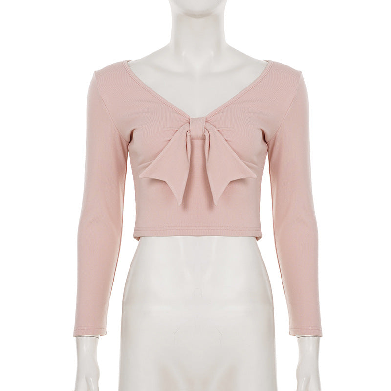 Women Casual Solid Bow Patchwork V-Neck Top and Bell Bottom Pants Two-Piece Set 9