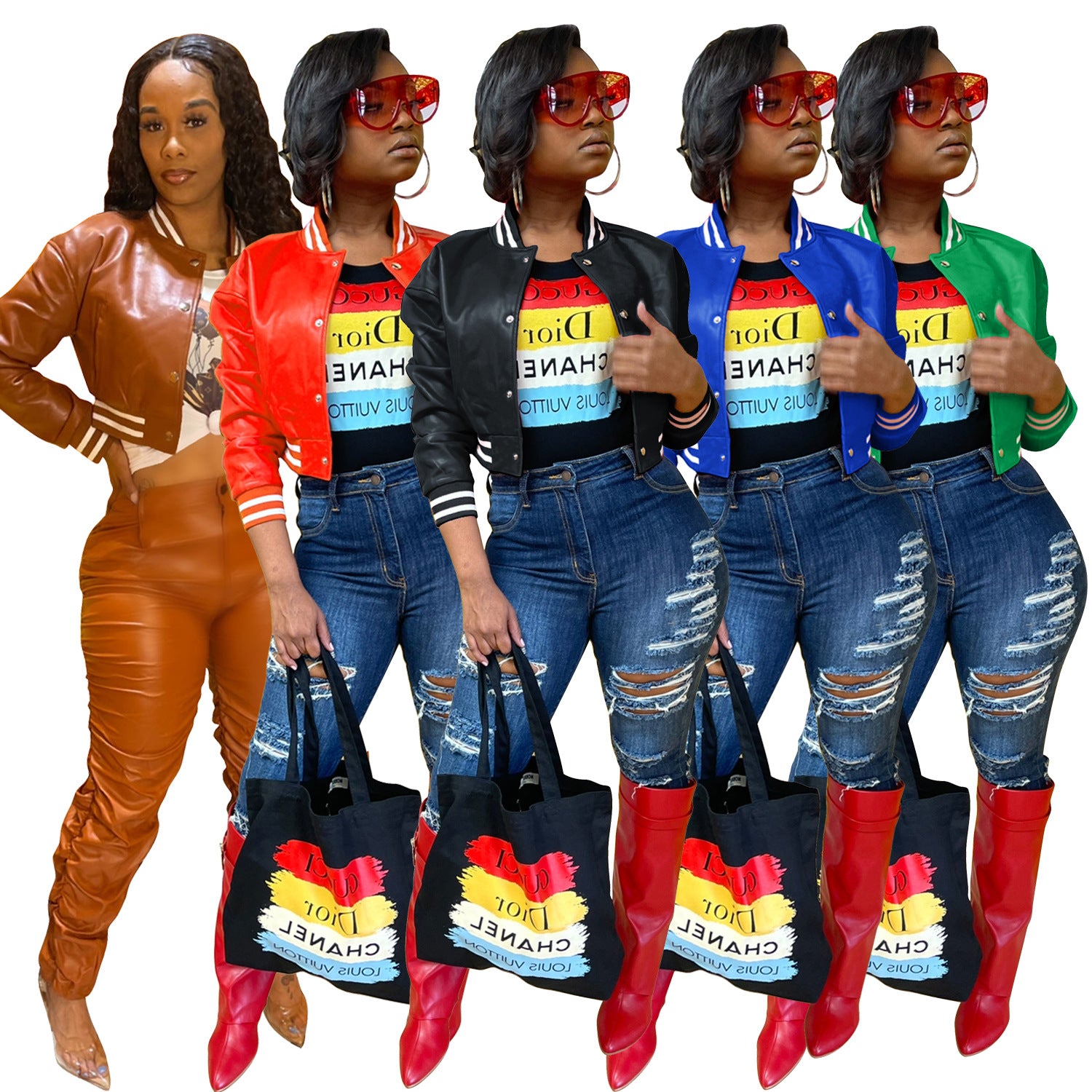 Women's pu Leather Jacket Baseball Jacket Long Sleeve Autumn Winter 4