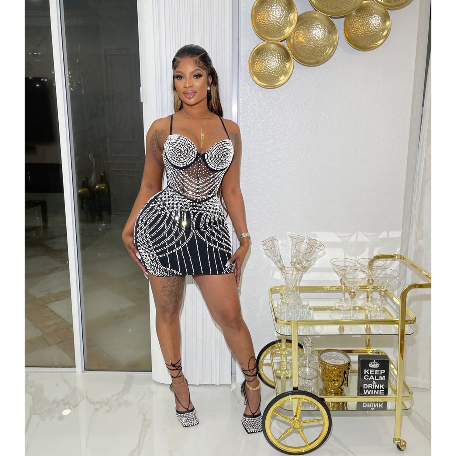 Women's Fashion Solid Color Mesh Beaded Straps Bodycon Club Dress 3