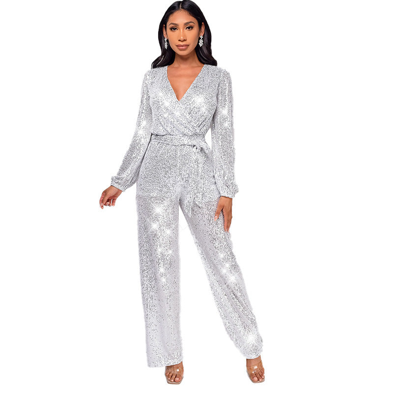 Fashion Casual Long Sleeve Belt Sequin Jumpsuit Women's Clothing 5