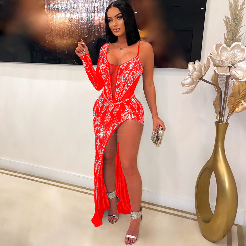 Women Sexy See-Through Beaded Long Sleeve Dress 4