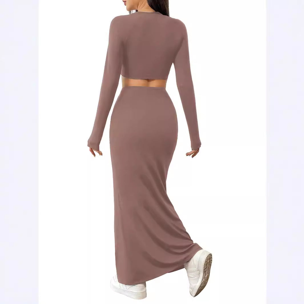 Women Autumn Winter Solid Color Casual Long Sleeve Square Neck Crop Top Fashion Fishtail Long Skirt Two Piece Set 6