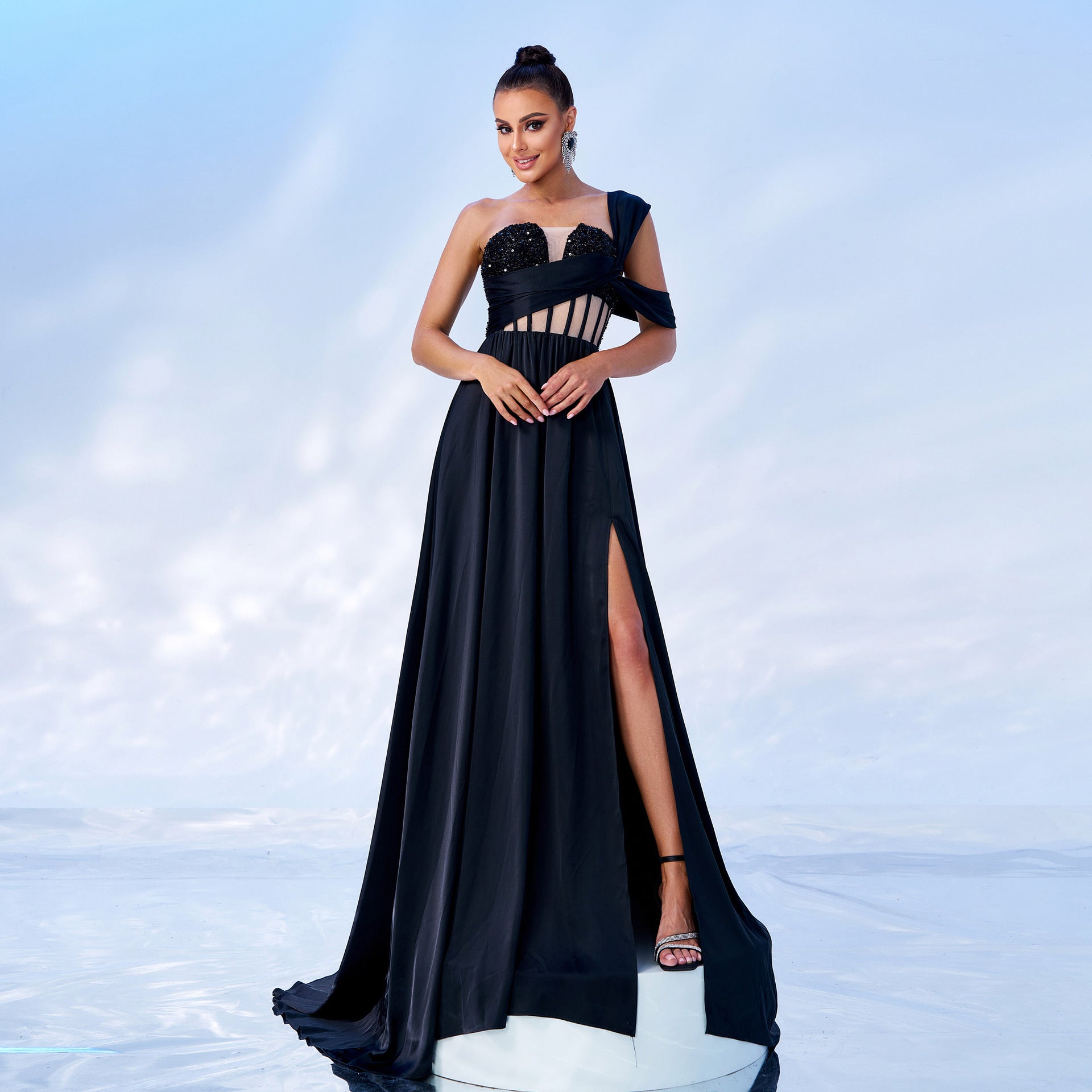 Women's Luxury One-Shoulder Slim Waist Sequin Slit Formal Party Evening Dress 7