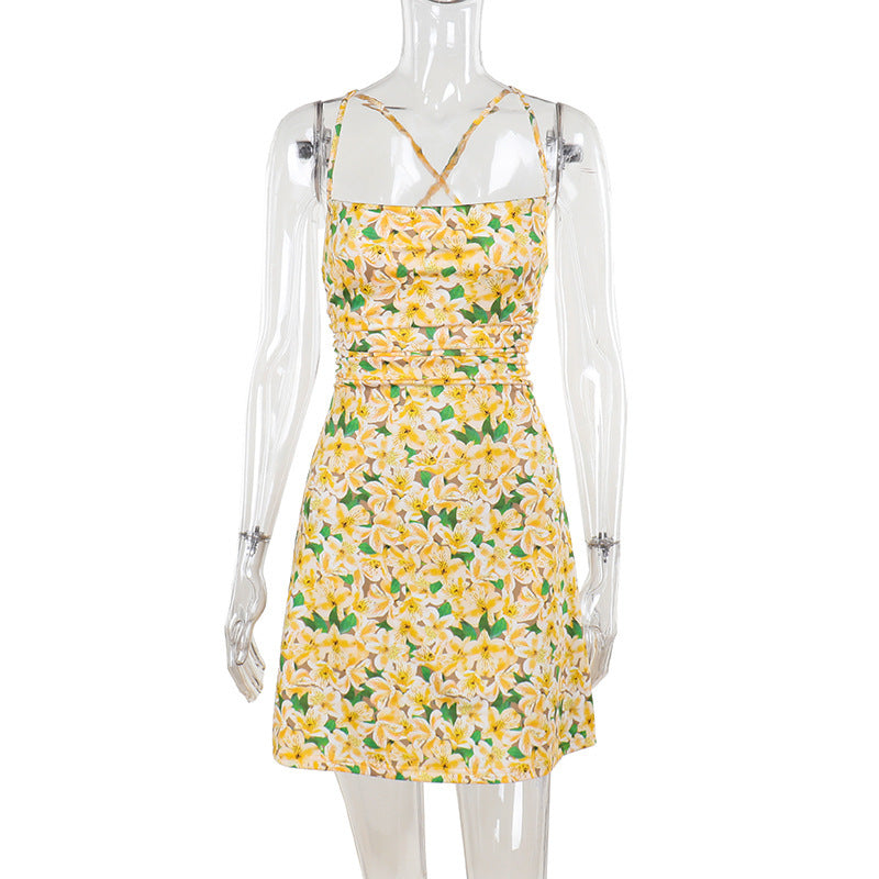 Women Summer French Floral Printed Strapless Backless Dress 8