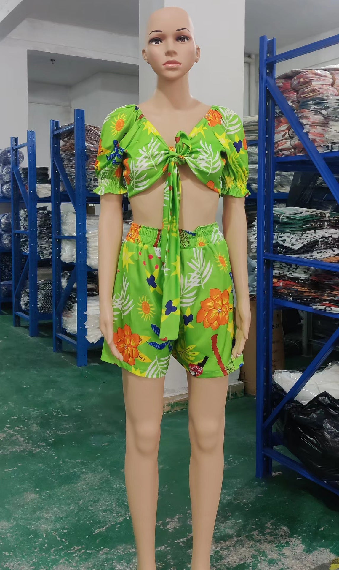 Women Clothes Lace Up Short Summer Sleeve Print Suit Shorts V-Neck Top Two Piece Set 14