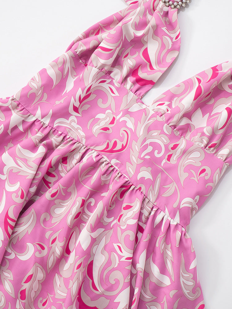 Women Sleeveless Halter Neck Backless Printed Ruffle Dress 19