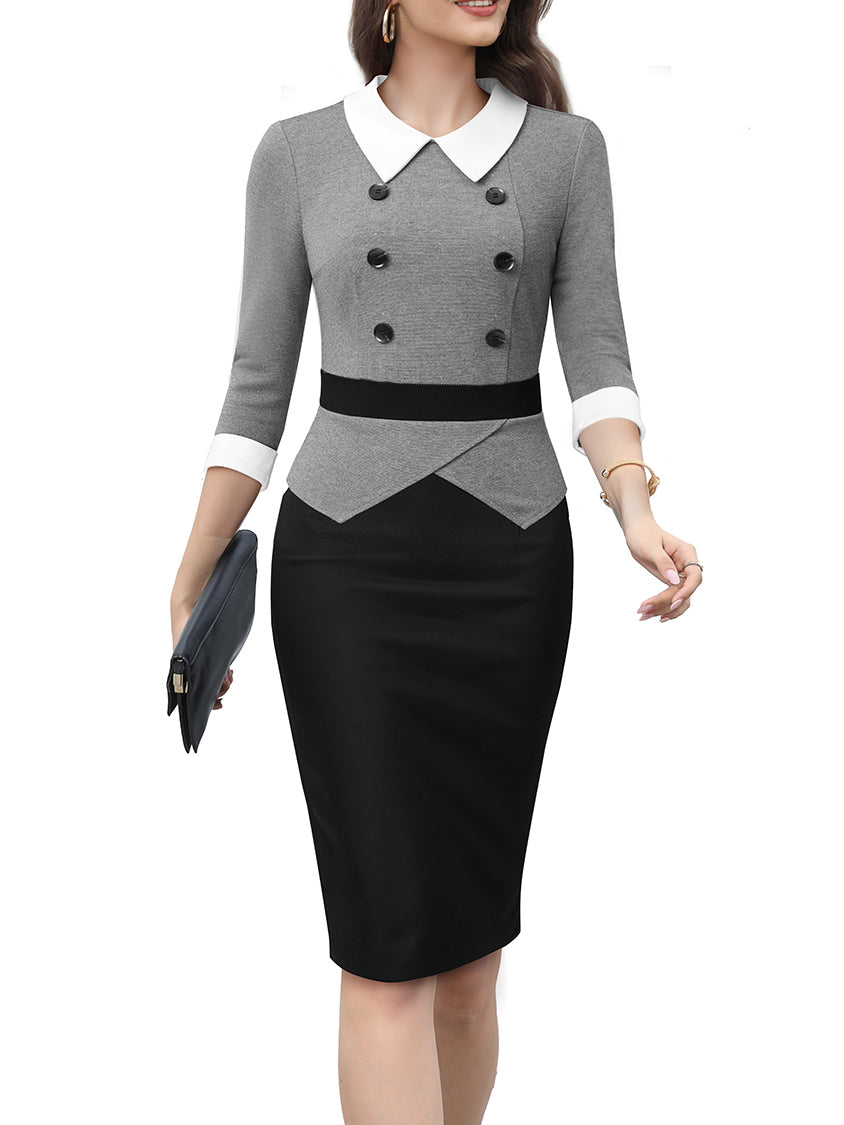 Women Elegant Contrast Turndown Collar Dress with Belt