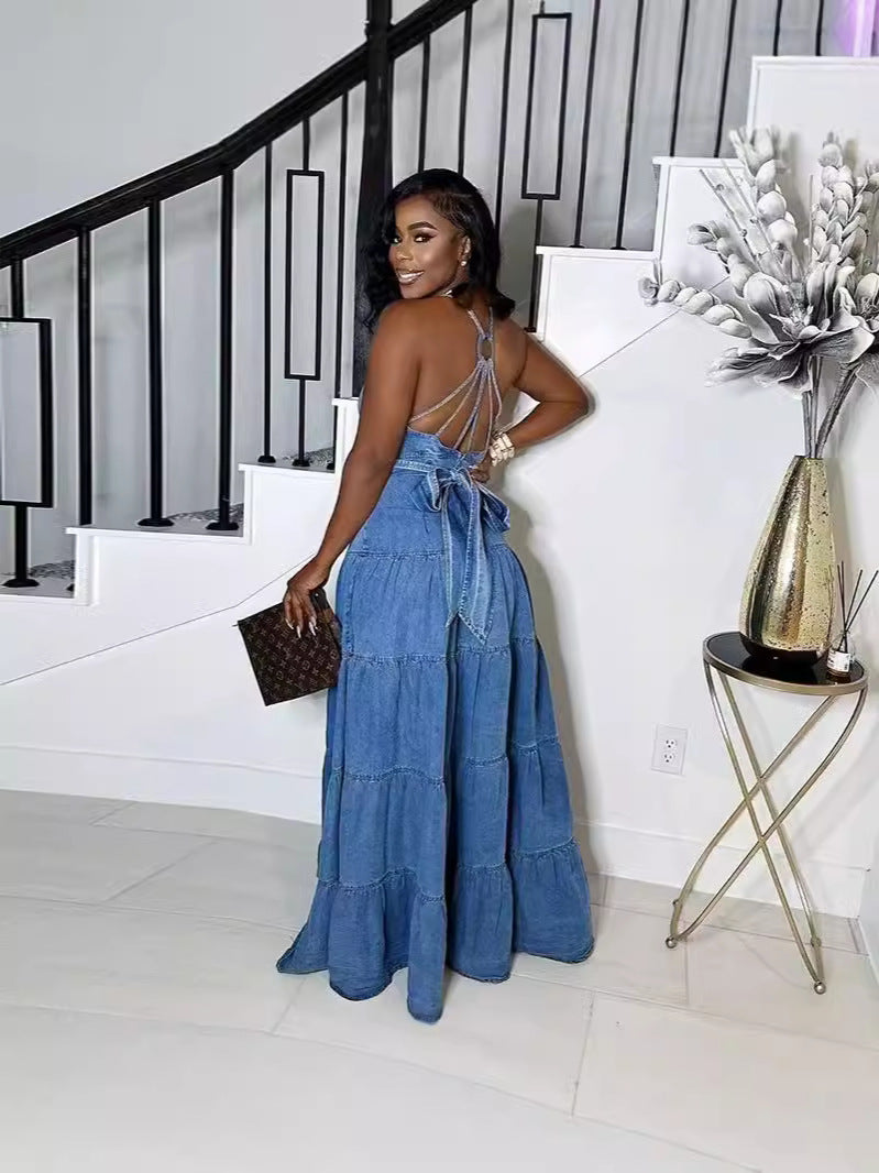 Women's Autumn Sexy V-Neck Strap Low Back Cascading Ruffles Long Dress 6