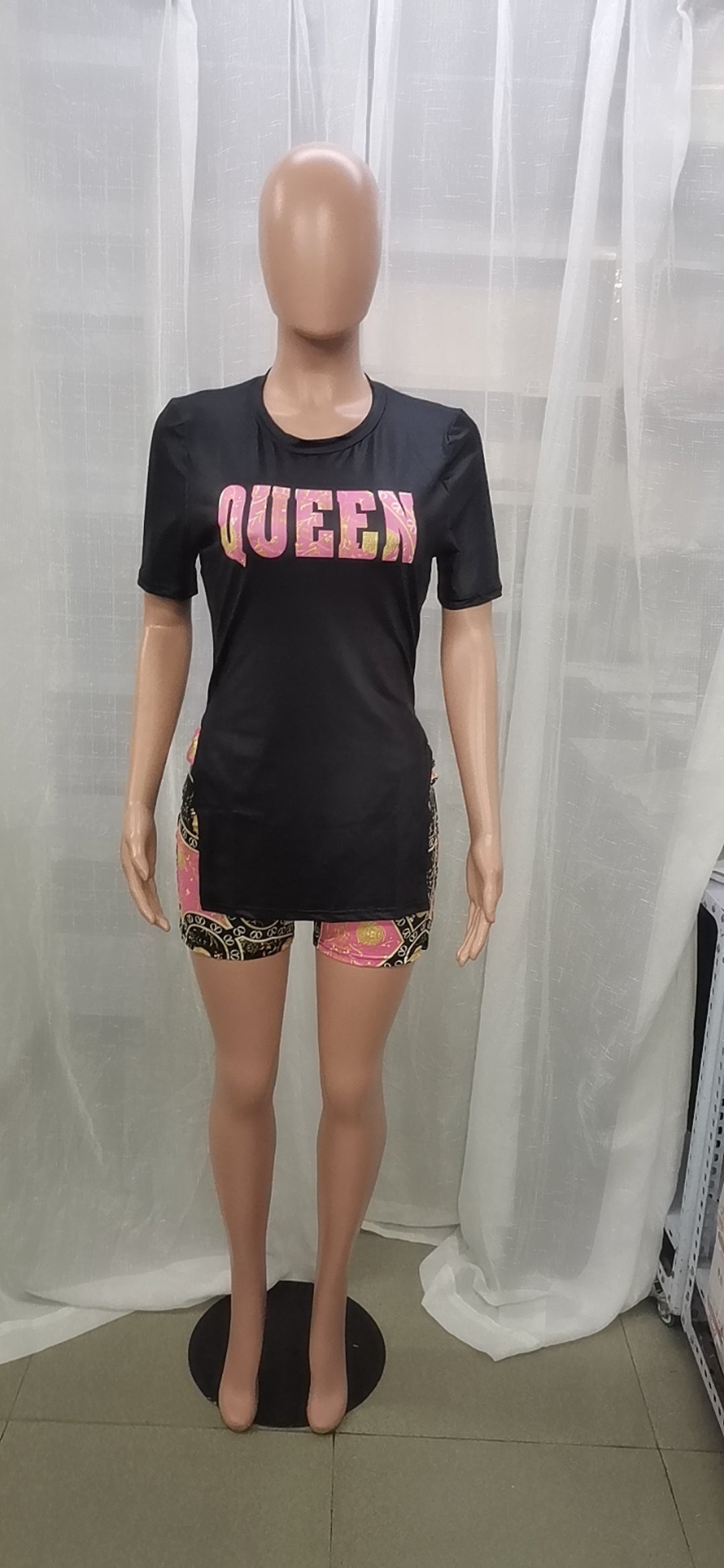 Women Letter Print Slit Short Sleeve Top + Shorts Two-Piece Set 37