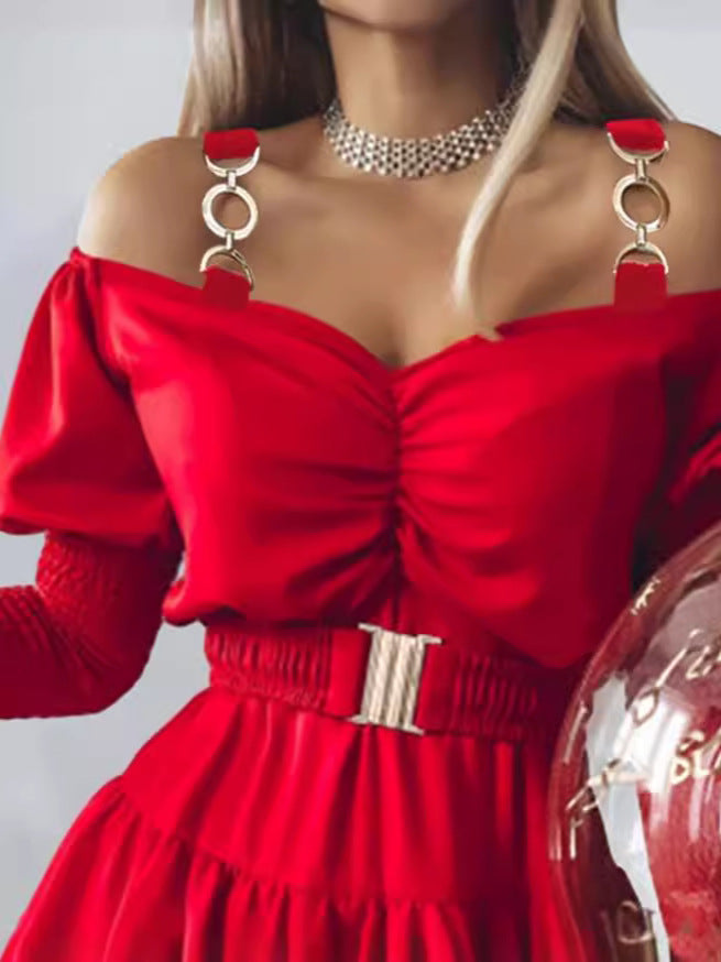 Solid Color Off Shoulder Puff Sleeve A-Line Dress