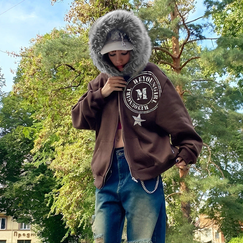 Winter Plush Hooded Badge Print Retro Jacket Loose Plus Size Casual Zipper Hoodies 3