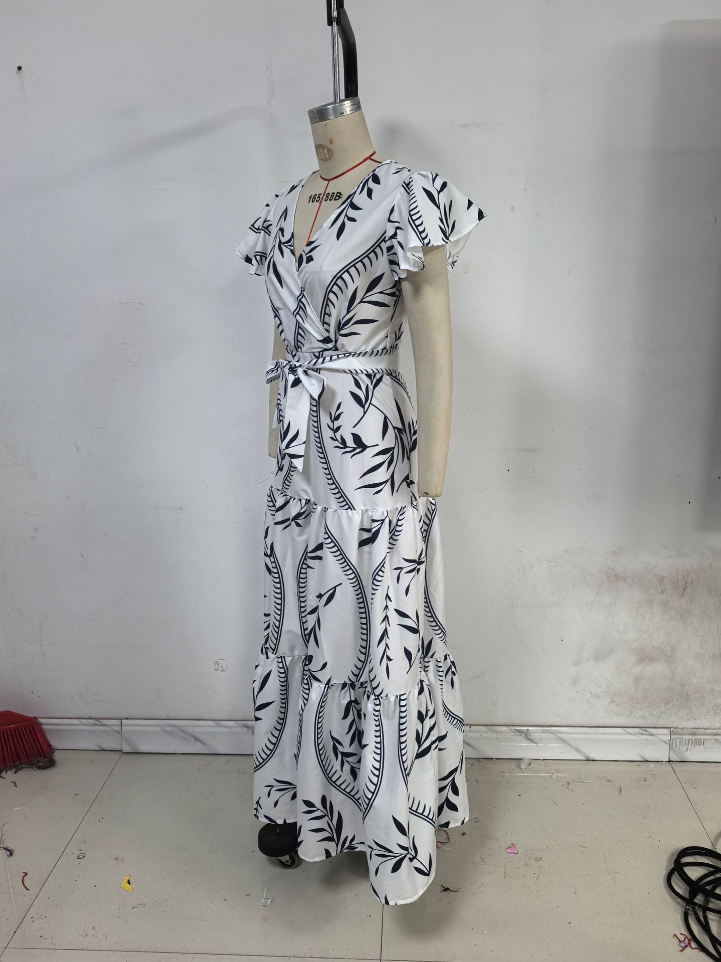 Women Spring/Summer Printed Ruffle V-Neck Sexy Maxi Dress 9