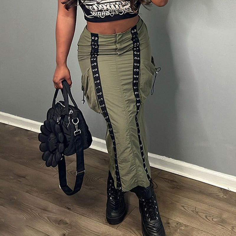Women Lace-Up Contrast Pocket Patchwork Cargo Skirt 3