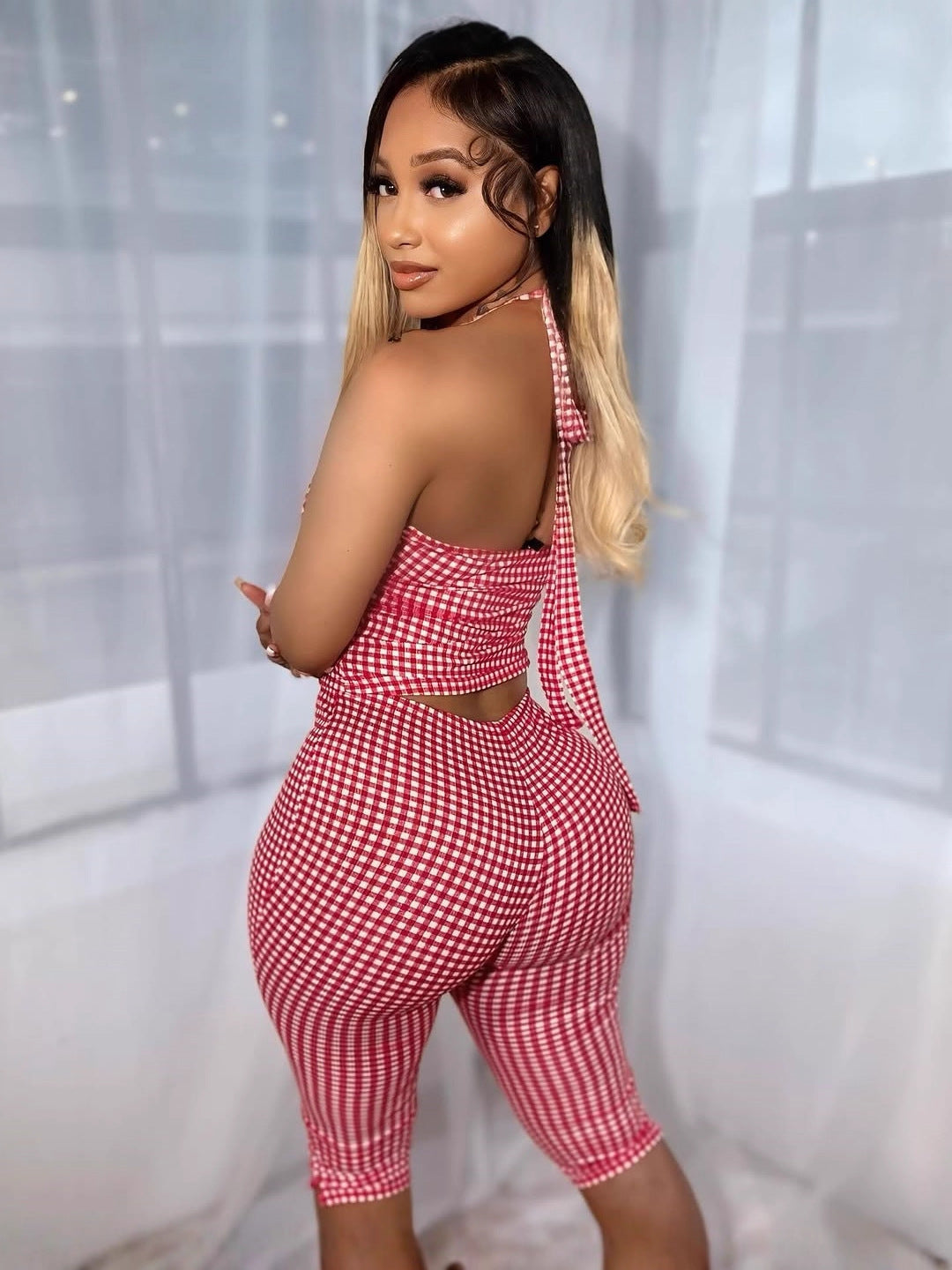 Fashion Plaid Print Sexy Stretch Short Halter Top Slim Tight Pants Set 6