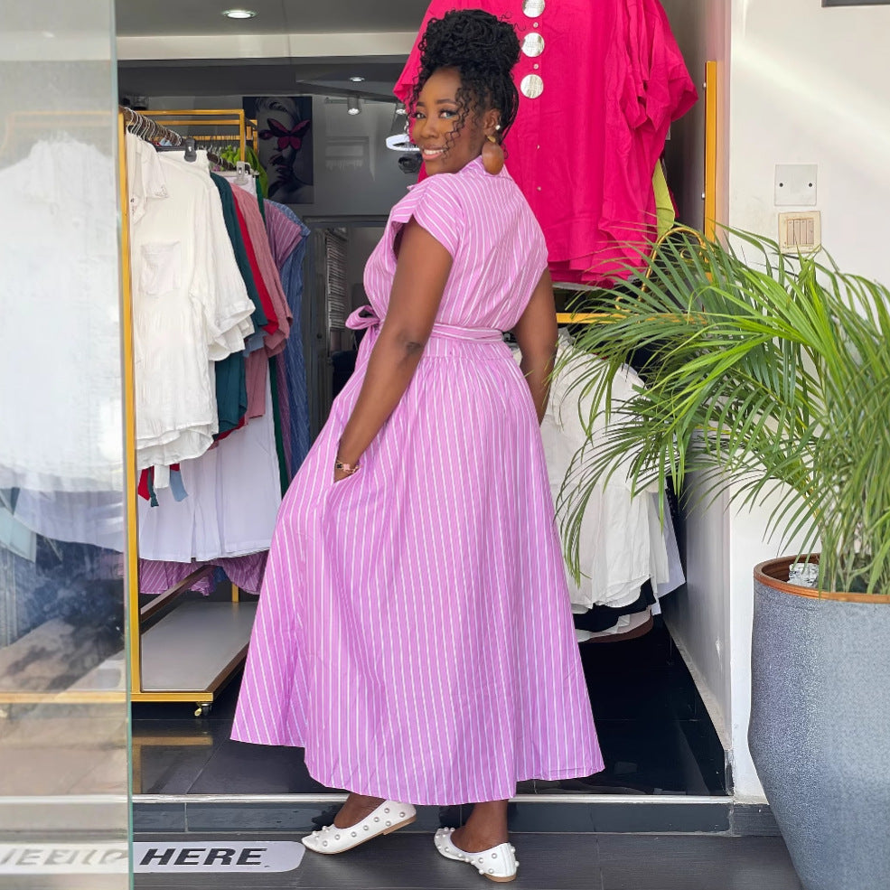 African Women elegant sleeveless single-breasted striped lace-up dress 4