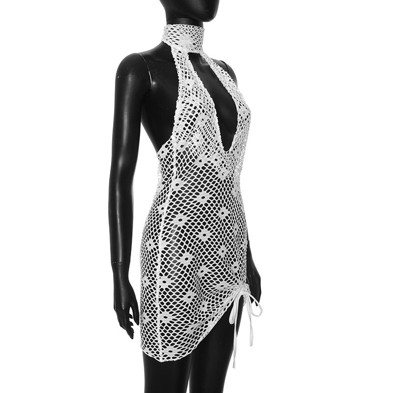 Women Summer Solid Sexy Round Neck Mesh Sleeveless See-Through Lace-Up Dress 10