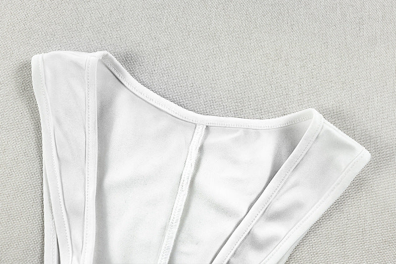 Women's Trendy Black and White Contrast V-Neck Lace Up Low Back Strap Bodycon Dress 5