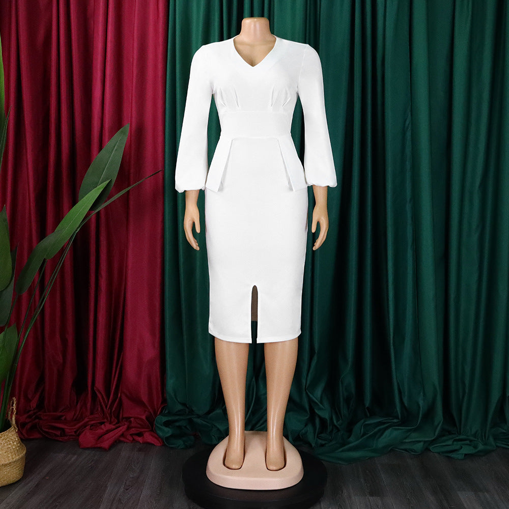 African Women v-neck puff sleeve slit dress 24