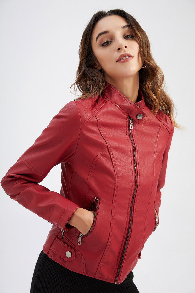 Women'S Leather Clothes Women'S Spring Autumn Coat Women'S Plus Size Stand Collar Slim Thin Leather Jacket 3