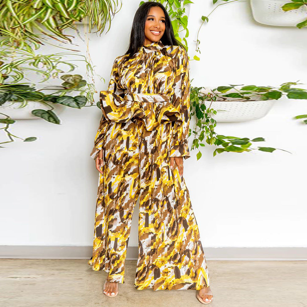 Women Lantern Long Sleeve Top and Wide Leg Pants Printed Casual Two-piece Set 5