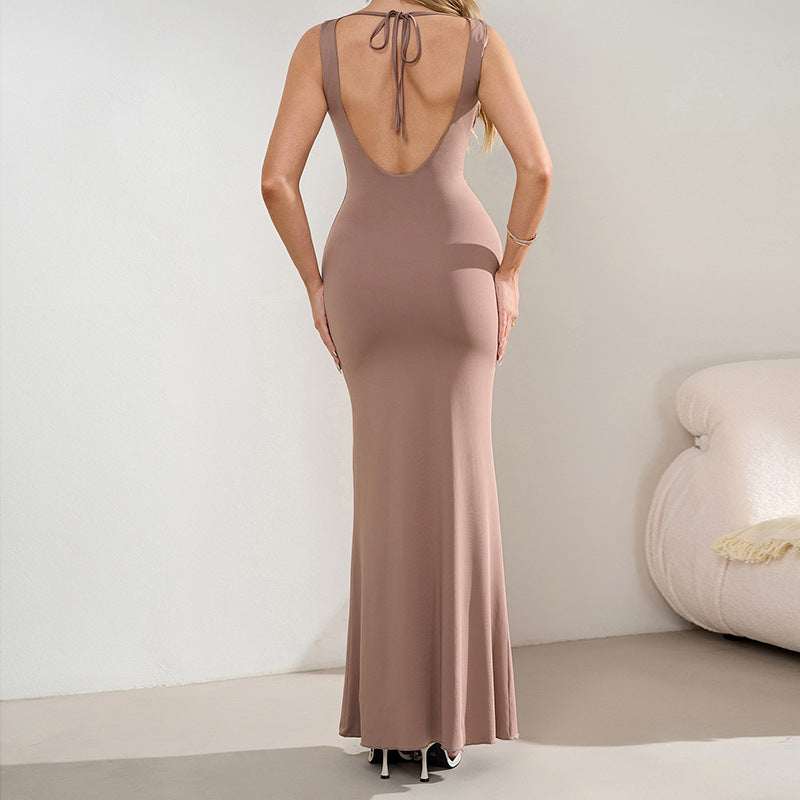 Women Sexy V-Neck Halter Neck Backless Pleated Maxi Fishtail Dress 7