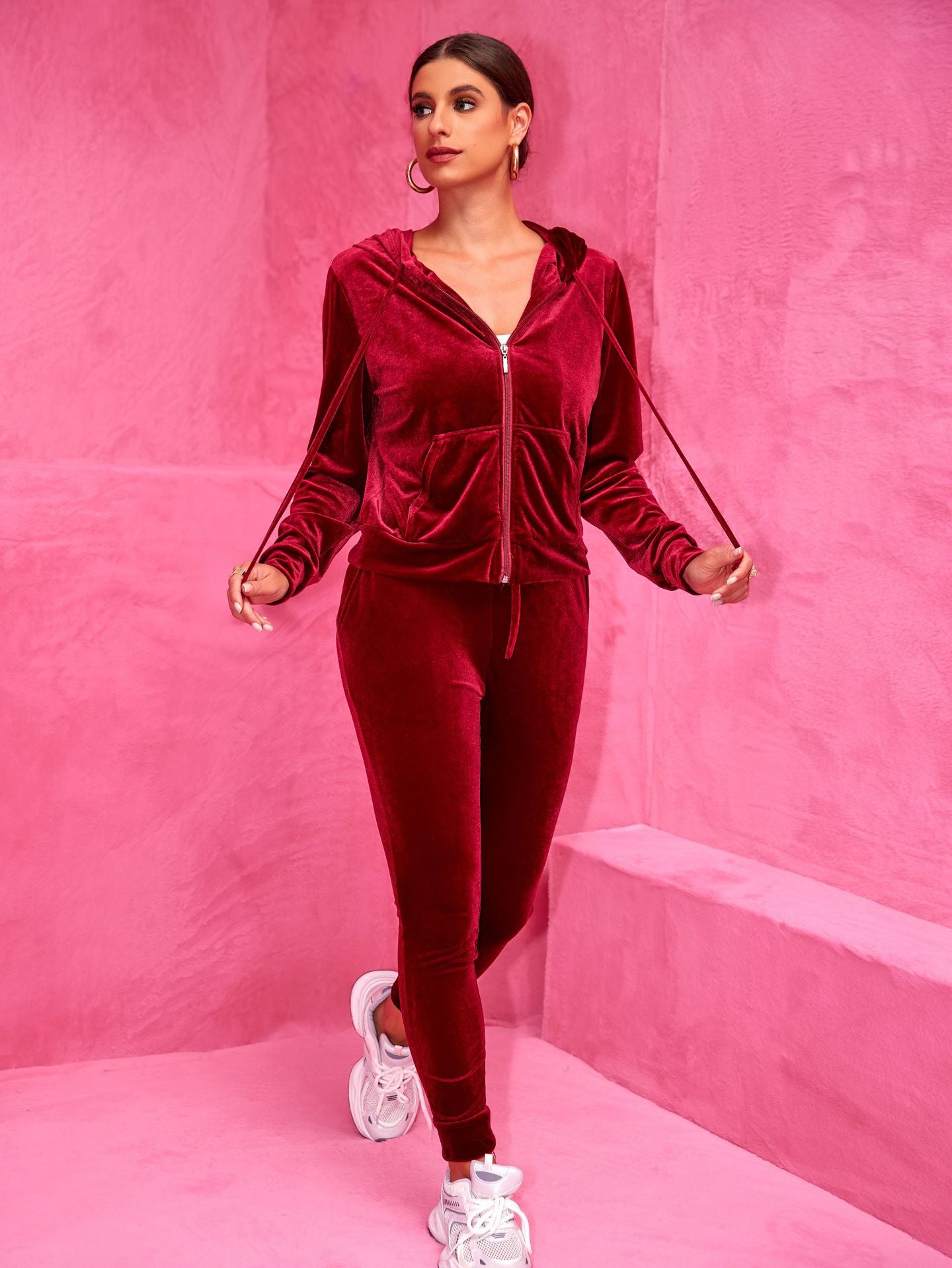 Fashion Velvet Hooded Zipper Hoodies Elastic Waist Trousers Two-Piece Set 6