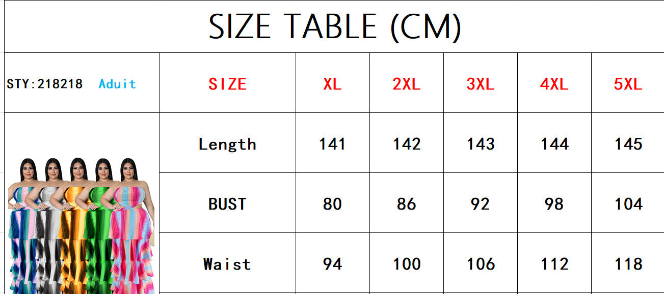 Plus Size Fall Women'S Strapless Stripe Print  Swing Layer Maxi Dress 16