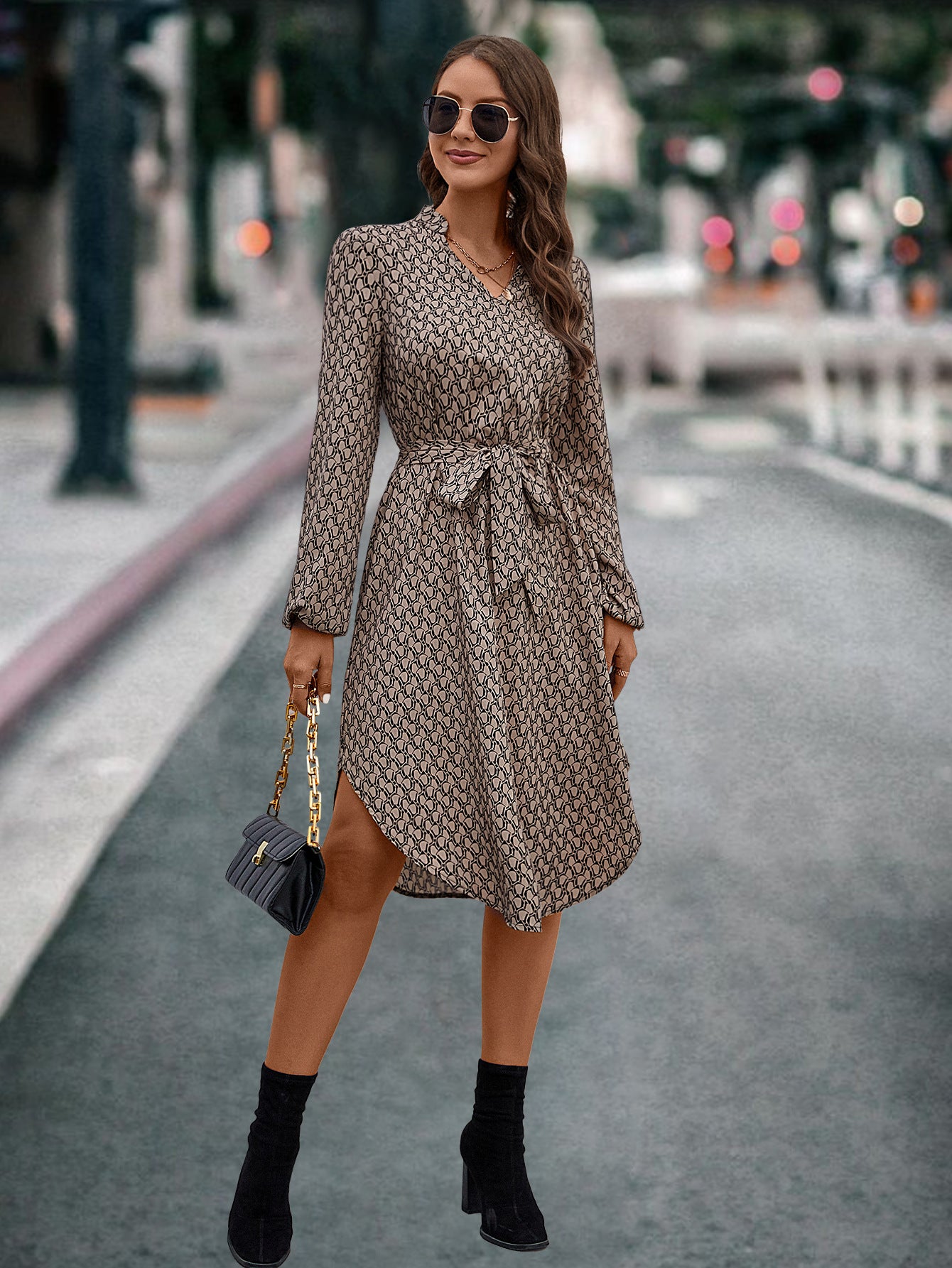 Autumn And Winter Women's Printed Long Sleeve Belt Casual Dress 7