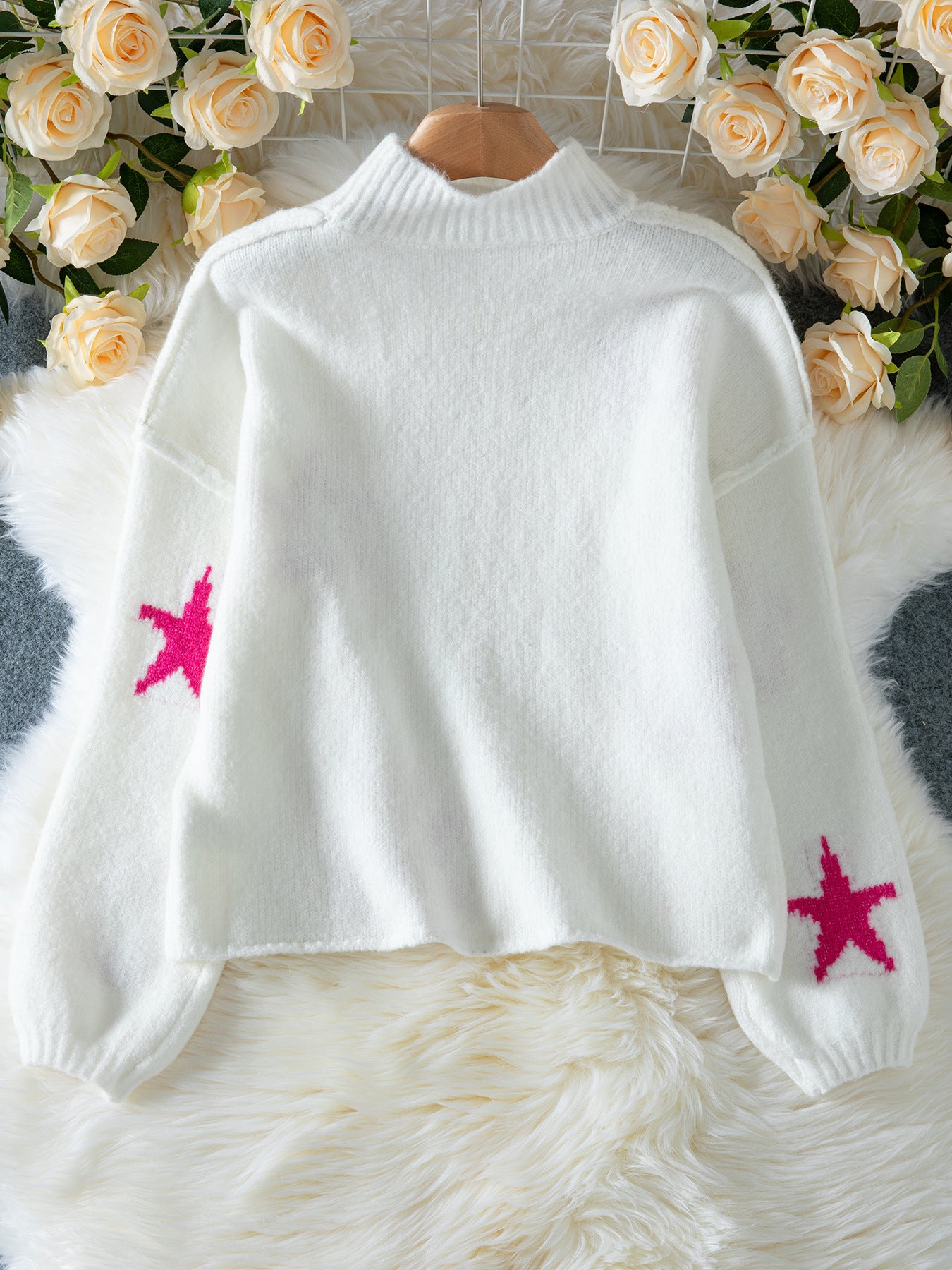 Women's Autumn Winter Casual Loose High Neck Pullover Long Sleeve Star Pattern Knitting Sweater 10