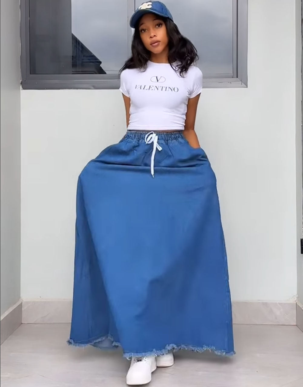 Women's Fashion Washed Solid Color Drawstring High Waist Ruffle Long Denim Skirt 6