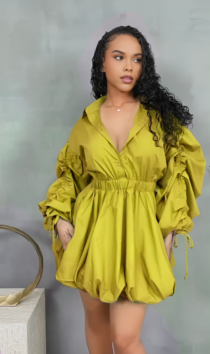 Sexy Casual Drawstring Puff Long Sleeve Shirt Dress 3